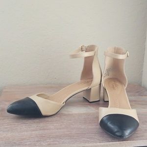 Tan and black ankle strap pump